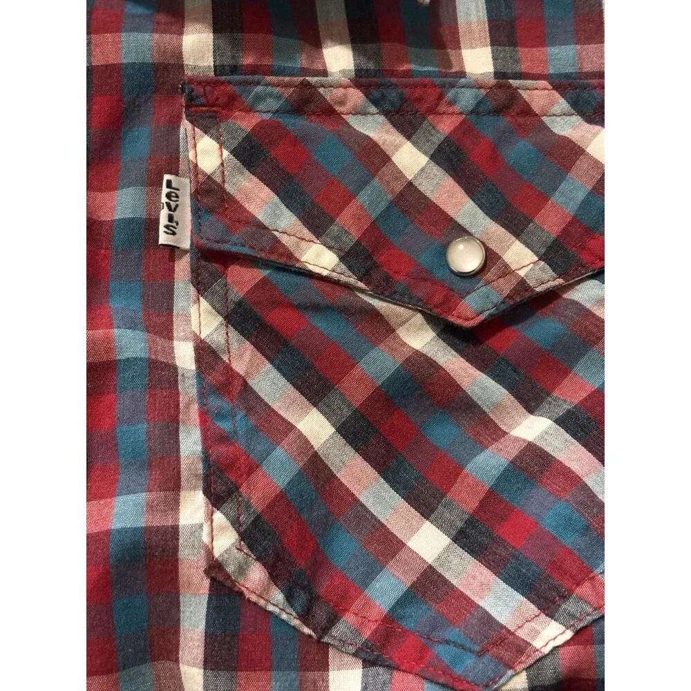 Levi’s‎ Western Pearl Snap Plaid Shirt Red Blue Mens L Y2K Cowboy Rodeo EUC